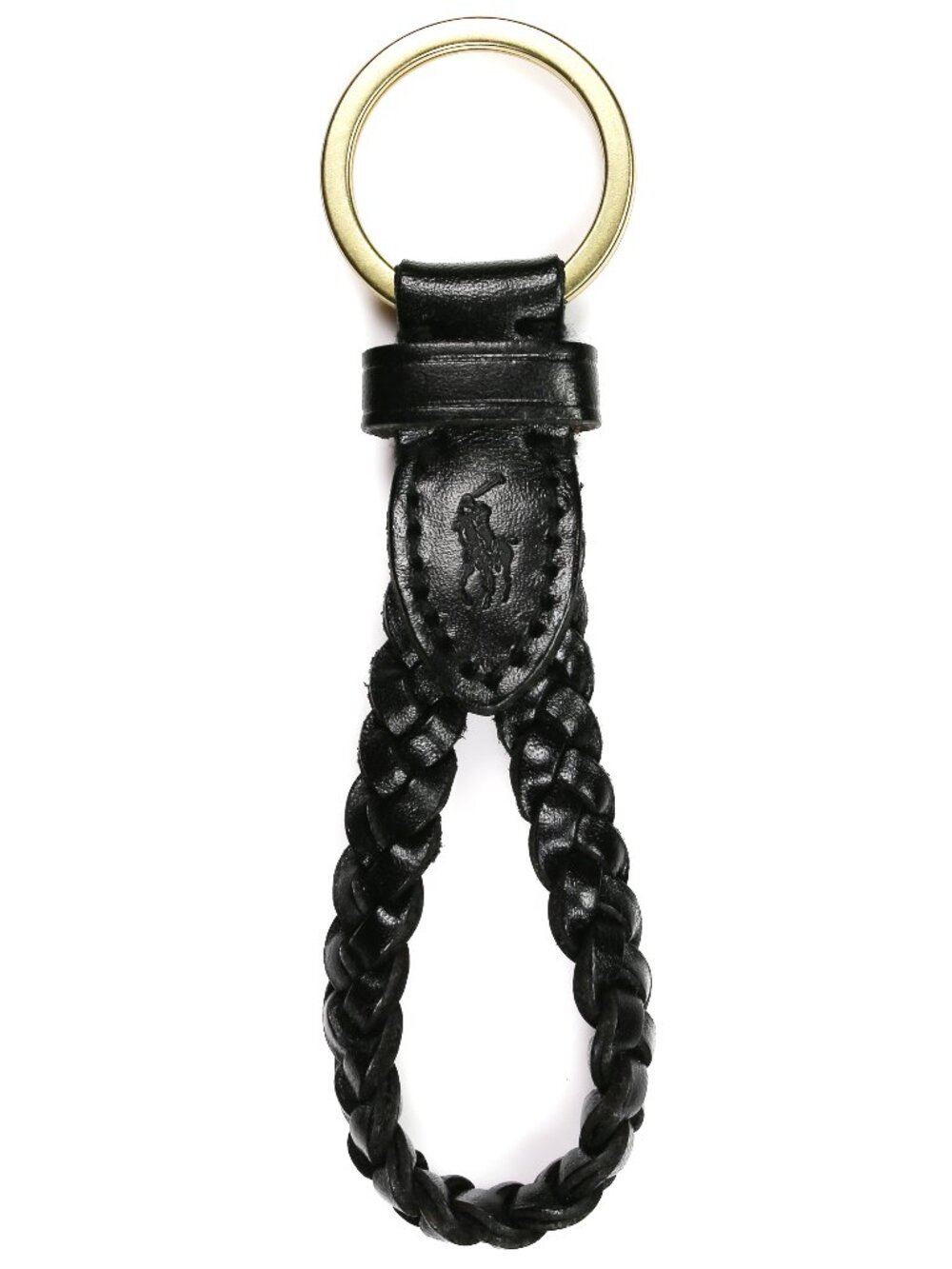 NWT Polo Ralph Lauren Braided Leather Keychain Key Fob Black Gold Tone